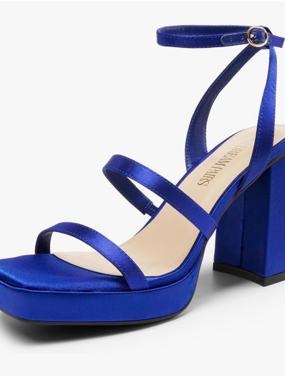 Blue Satin Platform Block Heel Sandals with Ankle Strap